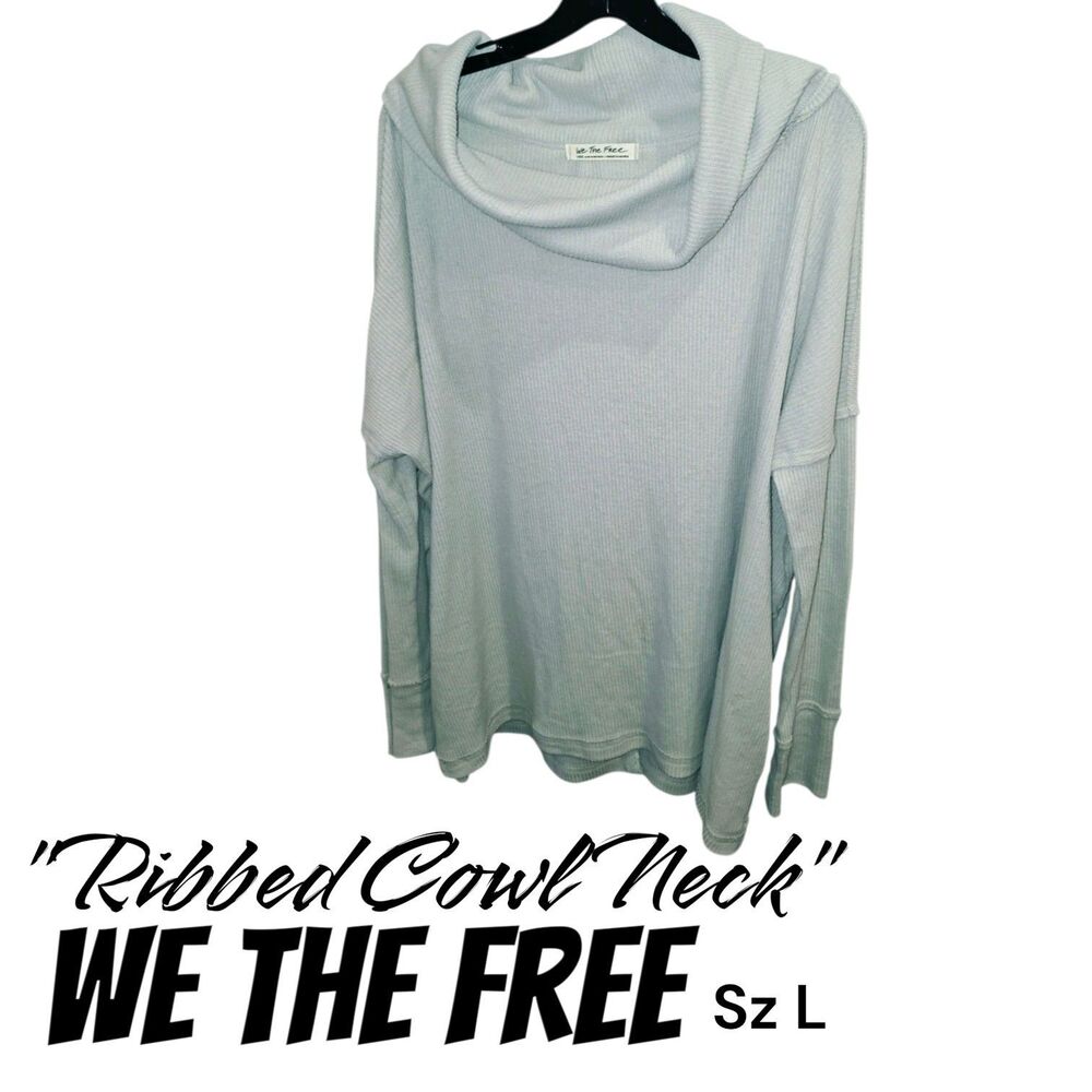 We The Free Sz L Gray Ribbed  Cowl Neck Lagenlook L/S Oversized Boho Tunic Shirt